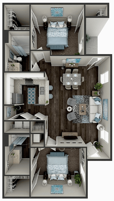 a 3d rendering of a floor plan with bedrooms and a living room